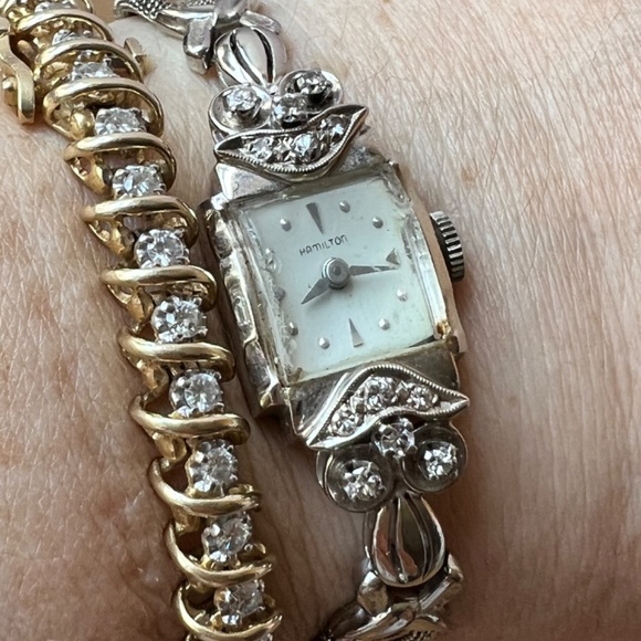 ANTIQUE VINTAGE LADIES 14K WHITE GOLD HAMILTON DIAMOND WRIST WATCH WORKING CONDT - Picture 5 of 16